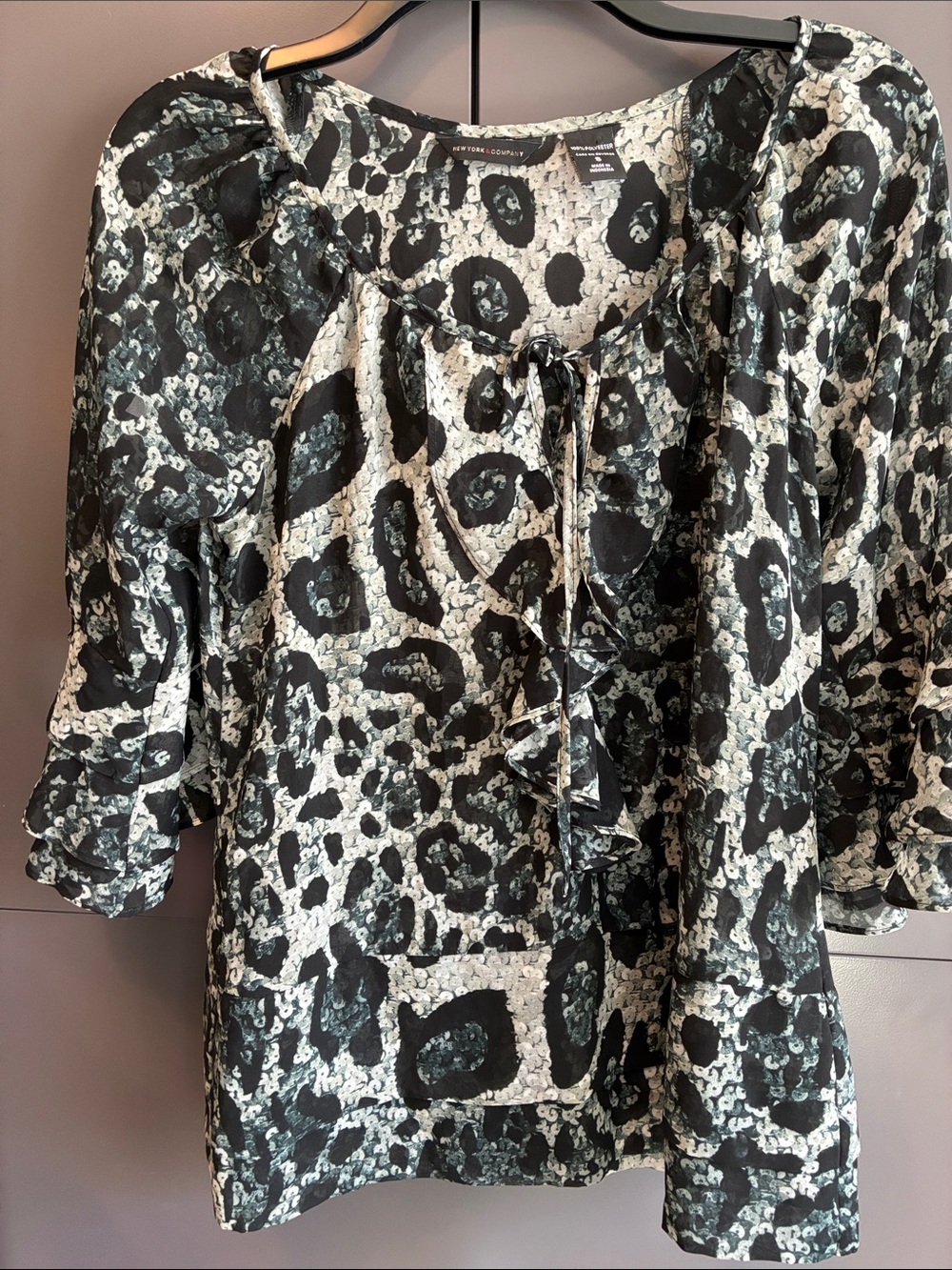 New York & Company Black and White Tie-Neck Ruffle Blouse
